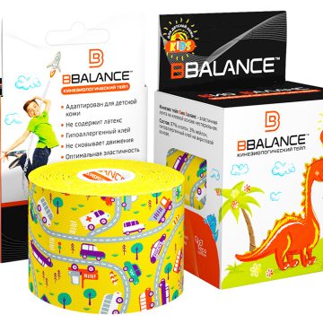 Кинезио тейп BBTape™ 5см × 5м машинки желтый (серия KIDS)